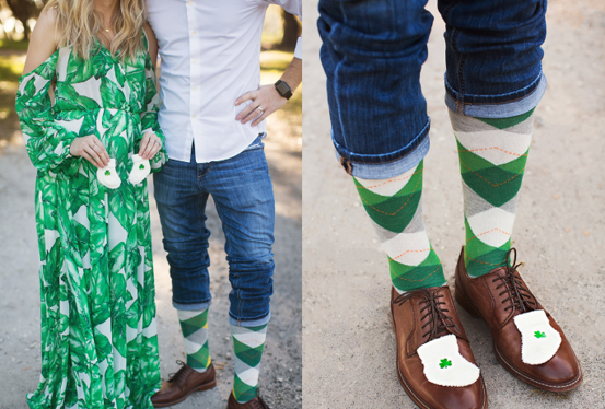 photographs of a couple wearing a green dress and green socks with baby socks with a shamrock